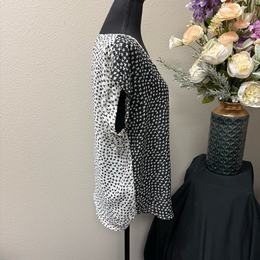 Daniel Rainn Black White Butterfly Print Sheer Blouse Medium | Spring Summer Top - Picture 4 of 8